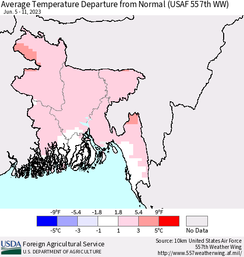 Bangladesh Average Temperature Departure from Normal (USAF 557th WW) Thematic Map For 6/5/2023 - 6/11/2023