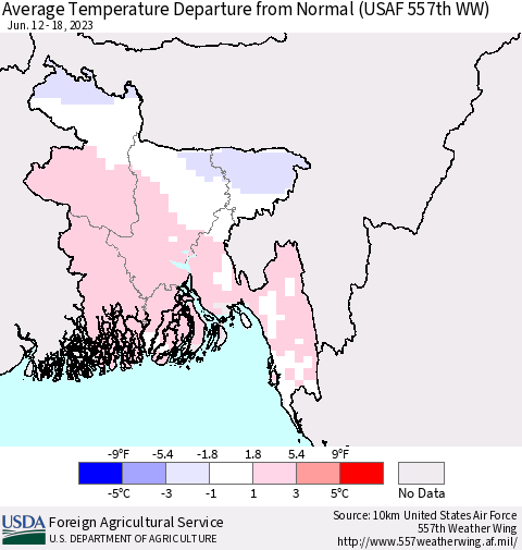 Bangladesh Average Temperature Departure from Normal (USAF 557th WW) Thematic Map For 6/12/2023 - 6/18/2023