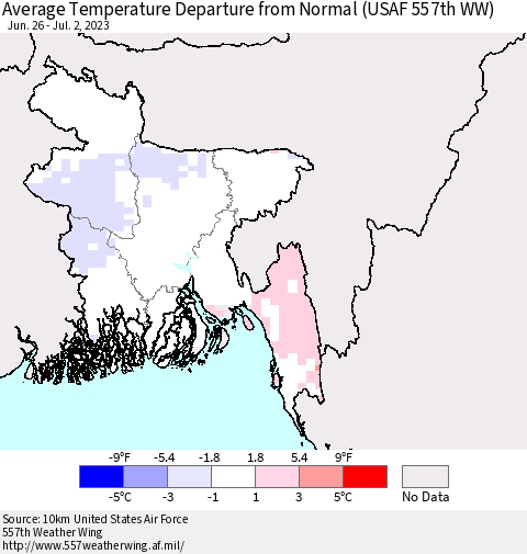 Bangladesh Average Temperature Departure from Normal (USAF 557th WW) Thematic Map For 6/26/2023 - 7/2/2023