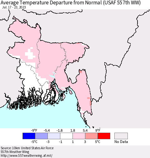 Bangladesh Average Temperature Departure from Normal (USAF 557th WW) Thematic Map For 7/17/2023 - 7/23/2023
