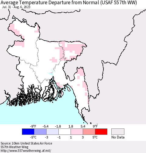 Bangladesh Average Temperature Departure from Normal (USAF 557th WW) Thematic Map For 7/31/2023 - 8/6/2023