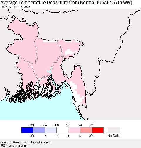Bangladesh Average Temperature Departure from Normal (USAF 557th WW) Thematic Map For 8/28/2023 - 9/3/2023