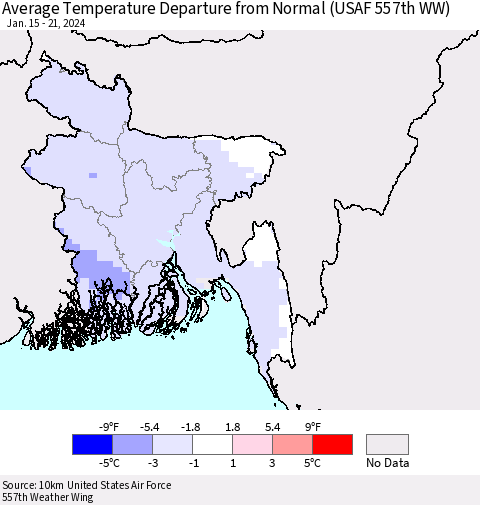 Bangladesh Average Temperature Departure from Normal (USAF 557th WW) Thematic Map For 1/15/2024 - 1/21/2024