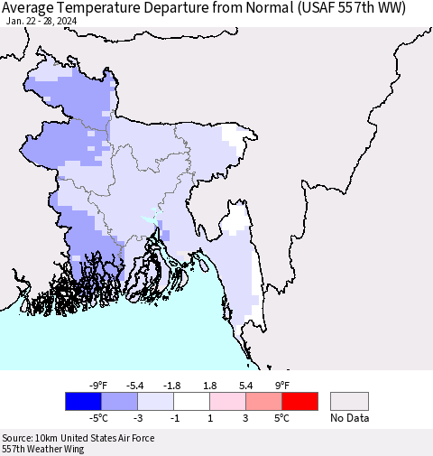 Bangladesh Average Temperature Departure from Normal (USAF 557th WW) Thematic Map For 1/22/2024 - 1/28/2024
