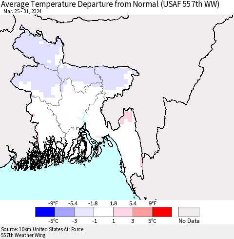 Bangladesh Average Temperature Departure from Normal (USAF 557th WW) Thematic Map For 3/25/2024 - 3/31/2024