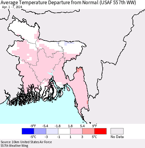 Bangladesh Average Temperature Departure from Normal (USAF 557th WW) Thematic Map For 4/1/2024 - 4/7/2024