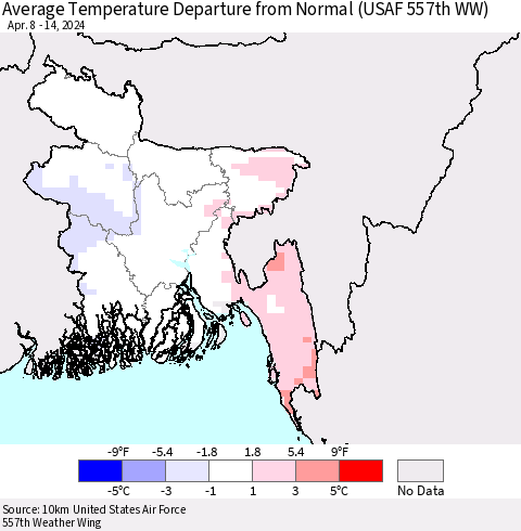 Bangladesh Average Temperature Departure from Normal (USAF 557th WW) Thematic Map For 4/8/2024 - 4/14/2024