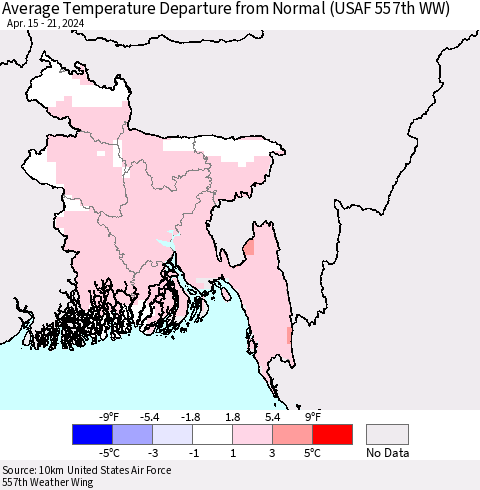 Bangladesh Average Temperature Departure from Normal (USAF 557th WW) Thematic Map For 4/15/2024 - 4/21/2024