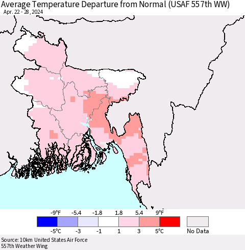Bangladesh Average Temperature Departure from Normal (USAF 557th WW) Thematic Map For 4/22/2024 - 4/28/2024