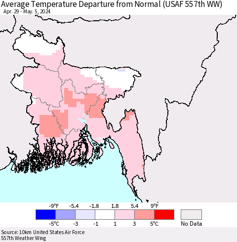 Bangladesh Average Temperature Departure from Normal (USAF 557th WW) Thematic Map For 4/29/2024 - 5/5/2024