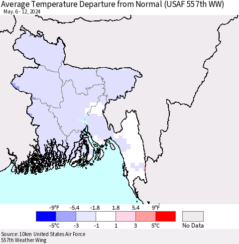 Bangladesh Average Temperature Departure from Normal (USAF 557th WW) Thematic Map For 5/6/2024 - 5/12/2024