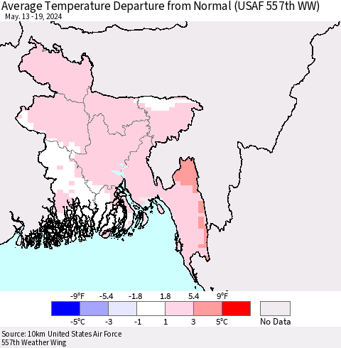 Bangladesh Average Temperature Departure from Normal (USAF 557th WW) Thematic Map For 5/13/2024 - 5/19/2024