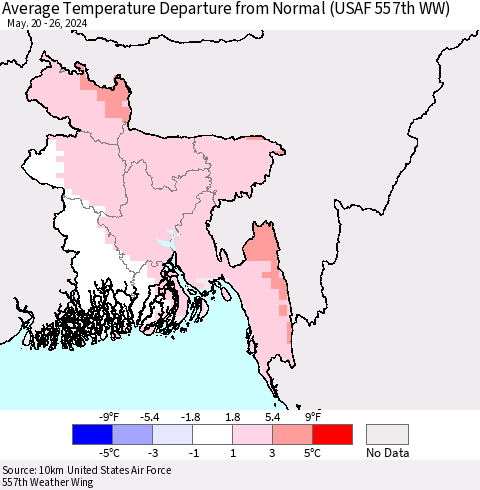 Bangladesh Average Temperature Departure from Normal (USAF 557th WW) Thematic Map For 5/20/2024 - 5/26/2024