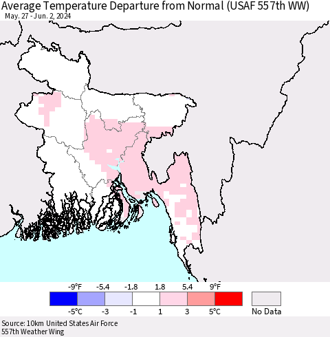 Bangladesh Average Temperature Departure from Normal (USAF 557th WW) Thematic Map For 5/27/2024 - 6/2/2024