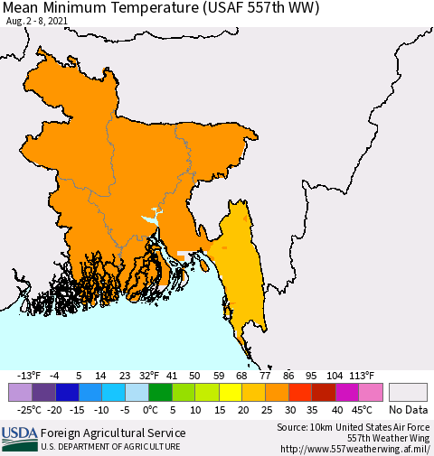 Bangladesh Mean Minimum Temperature (USAF 557th WW) Thematic Map For 8/2/2021 - 8/8/2021