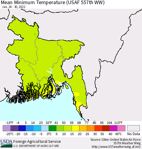 Bangladesh Mean Minimum Temperature (USAF 557th WW) Thematic Map For 1/24/2022 - 1/30/2022