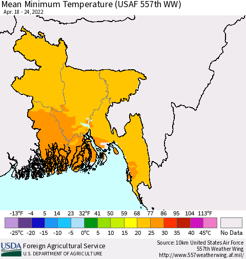 Bangladesh Mean Minimum Temperature (USAF 557th WW) Thematic Map For 4/18/2022 - 4/24/2022