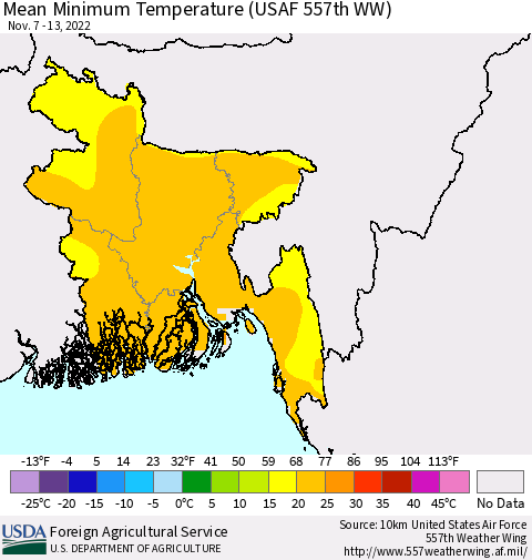 Bangladesh Mean Minimum Temperature (USAF 557th WW) Thematic Map For 11/7/2022 - 11/13/2022