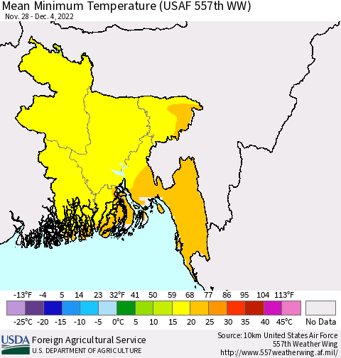Bangladesh Mean Minimum Temperature (USAF 557th WW) Thematic Map For 11/28/2022 - 12/4/2022