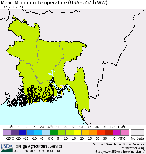 Bangladesh Mean Minimum Temperature (USAF 557th WW) Thematic Map For 1/2/2023 - 1/8/2023