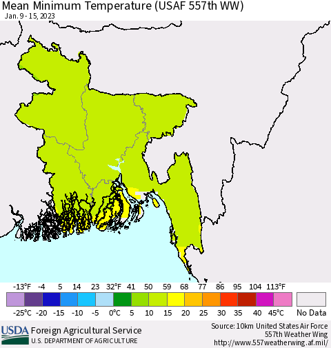 Bangladesh Mean Minimum Temperature (USAF 557th WW) Thematic Map For 1/9/2023 - 1/15/2023