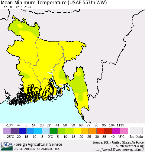 Bangladesh Mean Minimum Temperature (USAF 557th WW) Thematic Map For 1/30/2023 - 2/5/2023