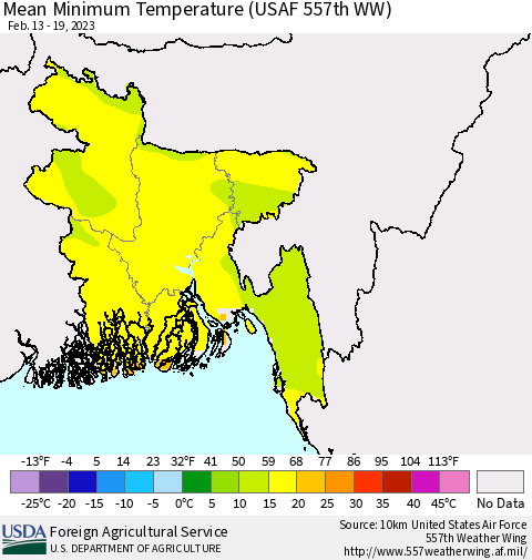 Bangladesh Mean Minimum Temperature (USAF 557th WW) Thematic Map For 2/13/2023 - 2/19/2023