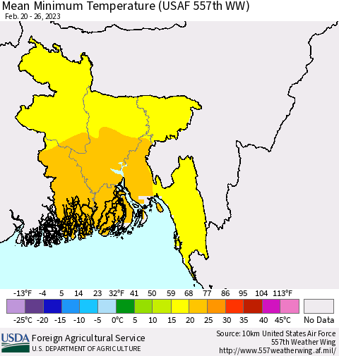 Bangladesh Mean Minimum Temperature (USAF 557th WW) Thematic Map For 2/20/2023 - 2/26/2023