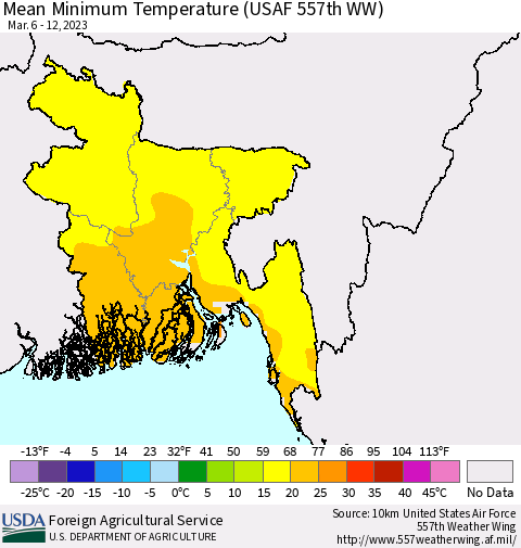 Bangladesh Mean Minimum Temperature (USAF 557th WW) Thematic Map For 3/6/2023 - 3/12/2023