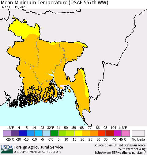 Bangladesh Mean Minimum Temperature (USAF 557th WW) Thematic Map For 3/13/2023 - 3/19/2023