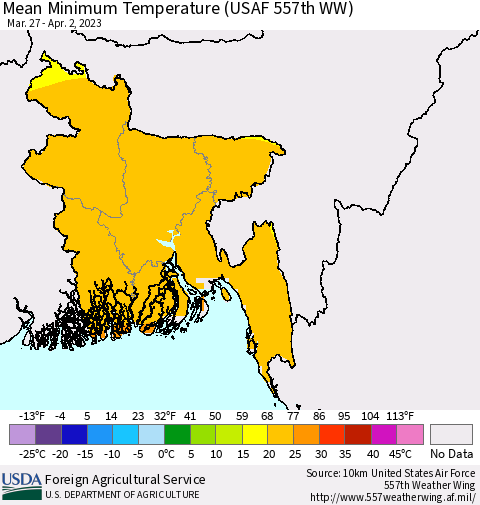 Bangladesh Mean Minimum Temperature (USAF 557th WW) Thematic Map For 3/27/2023 - 4/2/2023