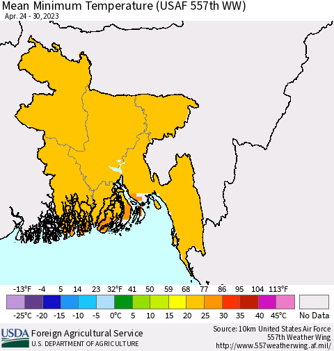 Bangladesh Mean Minimum Temperature (USAF 557th WW) Thematic Map For 4/24/2023 - 4/30/2023