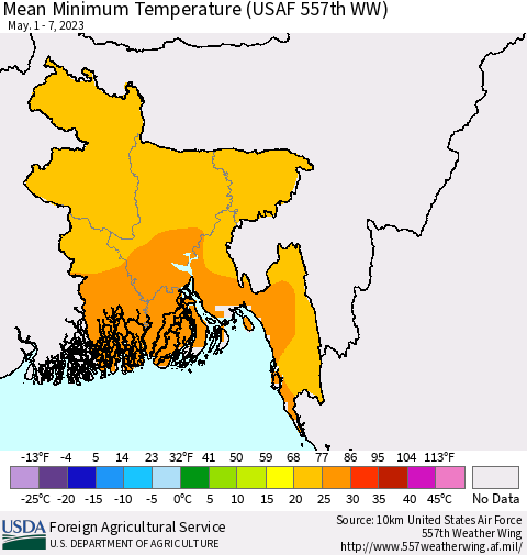 Bangladesh Mean Minimum Temperature (USAF 557th WW) Thematic Map For 5/1/2023 - 5/7/2023