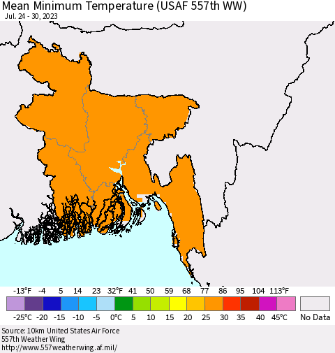 Bangladesh Mean Minimum Temperature (USAF 557th WW) Thematic Map For 7/24/2023 - 7/30/2023