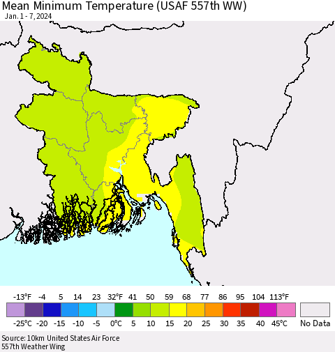 Bangladesh Mean Minimum Temperature (USAF 557th WW) Thematic Map For 1/1/2024 - 1/7/2024