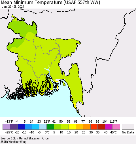 Bangladesh Mean Minimum Temperature (USAF 557th WW) Thematic Map For 1/22/2024 - 1/28/2024