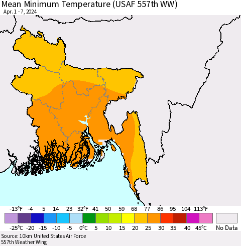 Bangladesh Mean Minimum Temperature (USAF 557th WW) Thematic Map For 4/1/2024 - 4/7/2024