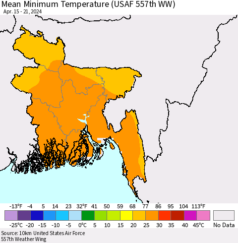 Bangladesh Mean Minimum Temperature (USAF 557th WW) Thematic Map For 4/15/2024 - 4/21/2024