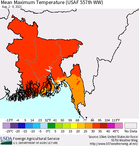 Bangladesh Mean Maximum Temperature (USAF 557th WW) Thematic Map For 8/2/2021 - 8/8/2021