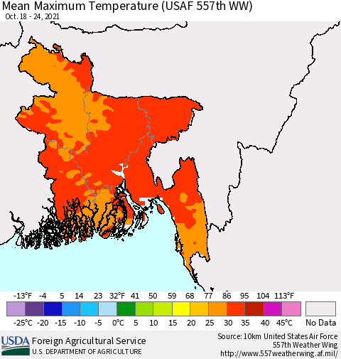 Bangladesh Mean Maximum Temperature (USAF 557th WW) Thematic Map For 10/18/2021 - 10/24/2021