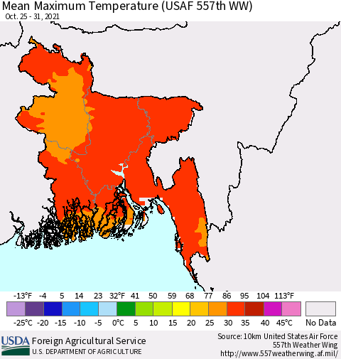 Bangladesh Mean Maximum Temperature (USAF 557th WW) Thematic Map For 10/25/2021 - 10/31/2021