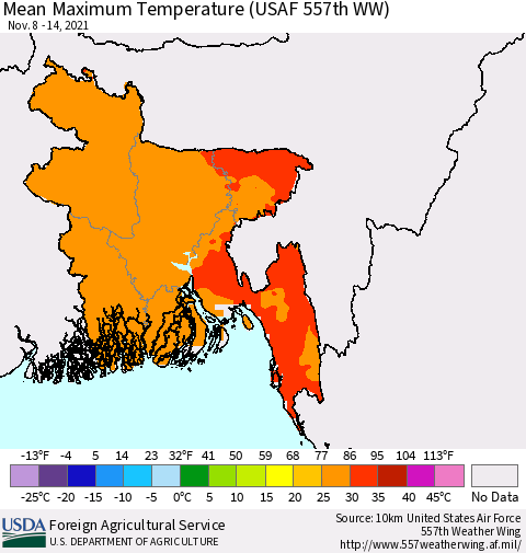 Bangladesh Mean Maximum Temperature (USAF 557th WW) Thematic Map For 11/8/2021 - 11/14/2021