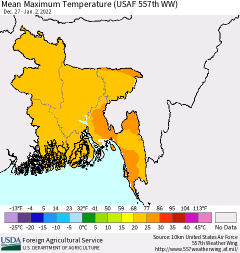 Bangladesh Mean Maximum Temperature (USAF 557th WW) Thematic Map For 12/27/2021 - 1/2/2022