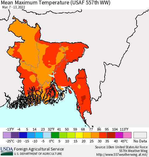 Bangladesh Mean Maximum Temperature (USAF 557th WW) Thematic Map For 3/7/2022 - 3/13/2022