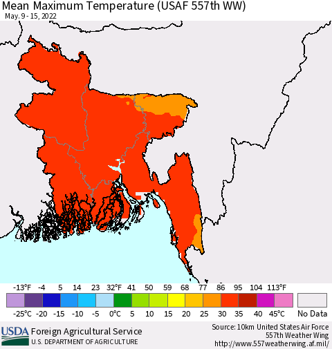 Bangladesh Mean Maximum Temperature (USAF 557th WW) Thematic Map For 5/9/2022 - 5/15/2022