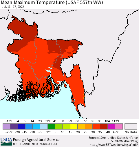 Bangladesh Mean Maximum Temperature (USAF 557th WW) Thematic Map For 7/11/2022 - 7/17/2022