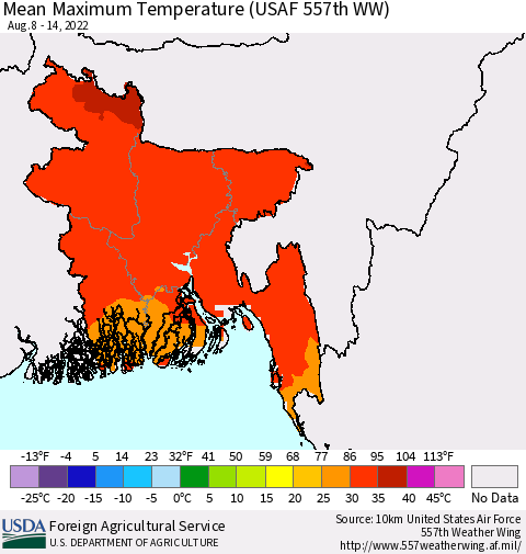 Bangladesh Mean Maximum Temperature (USAF 557th WW) Thematic Map For 8/8/2022 - 8/14/2022