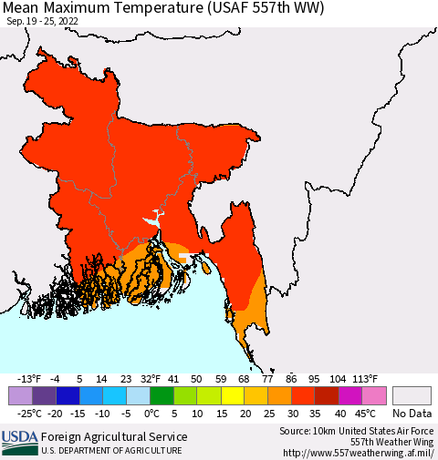 Bangladesh Mean Maximum Temperature (USAF 557th WW) Thematic Map For 9/19/2022 - 9/25/2022