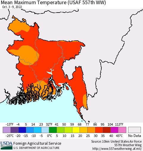 Bangladesh Mean Maximum Temperature (USAF 557th WW) Thematic Map For 10/3/2022 - 10/9/2022