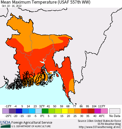 Bangladesh Mean Maximum Temperature (USAF 557th WW) Thematic Map For 10/10/2022 - 10/16/2022